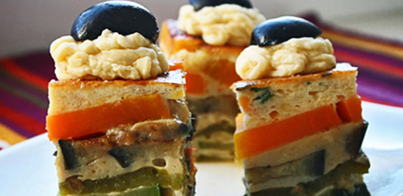 Dados de tortilla de hortalizas con hummus